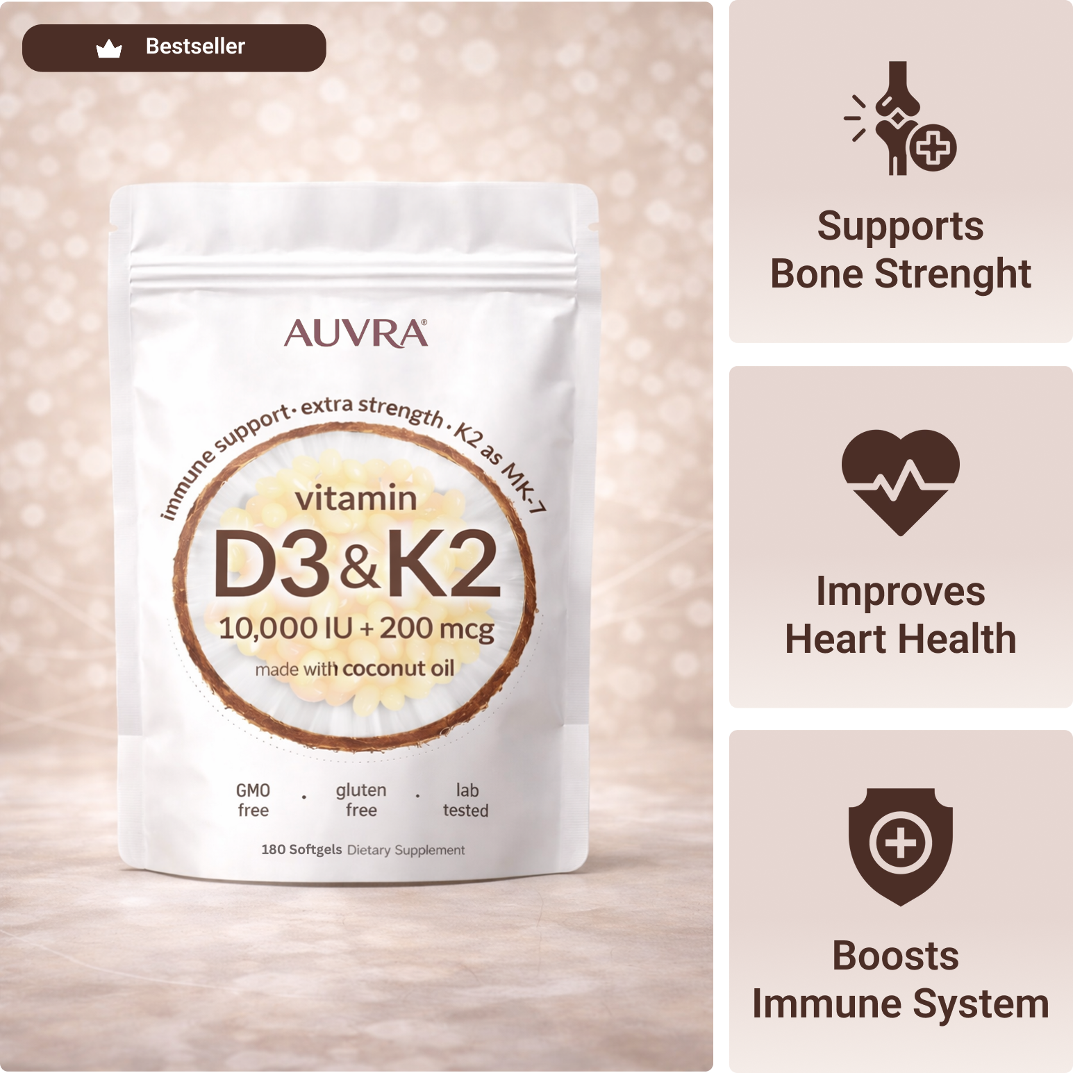 Vitamin D3 K2 Supplement Softgels