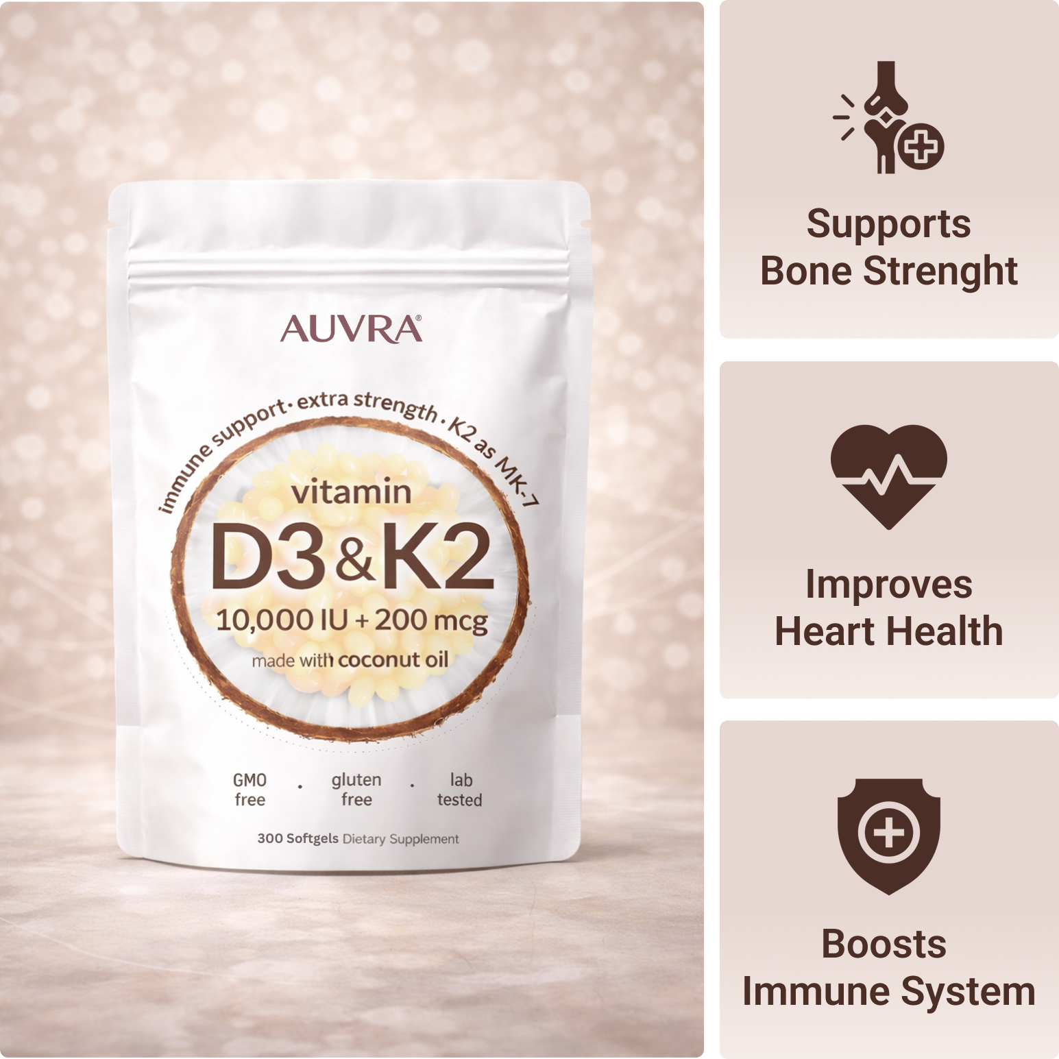 Vitamin D3 K2 Supplement Softgels