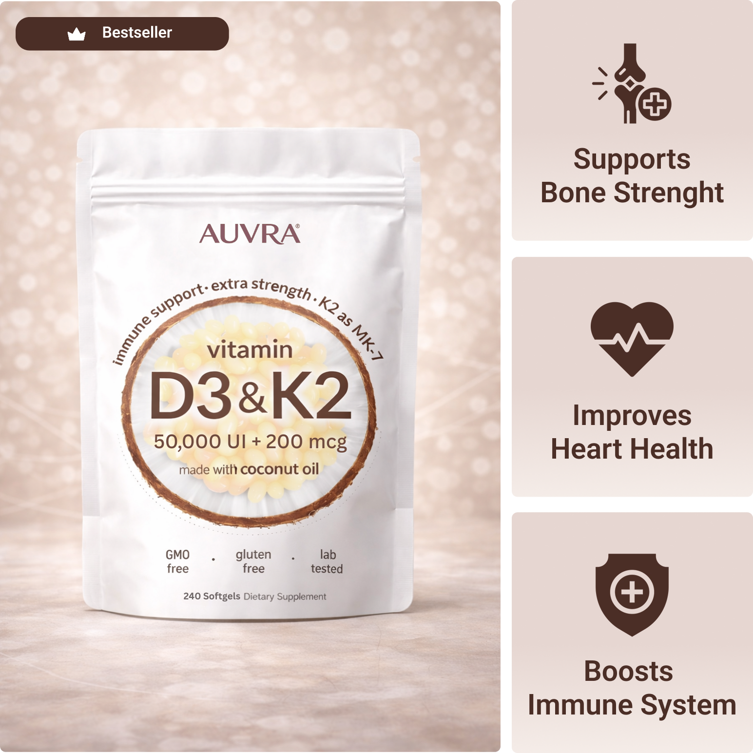 Vitamin D3 K2 Supplement Softgels