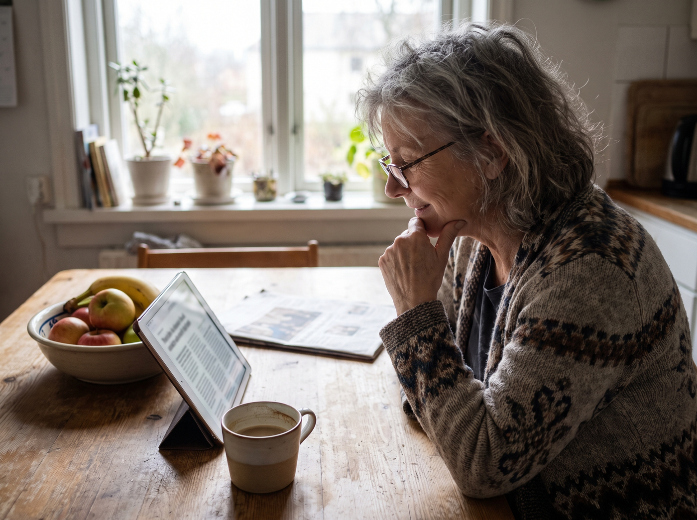 Woman reading article at kitchen table