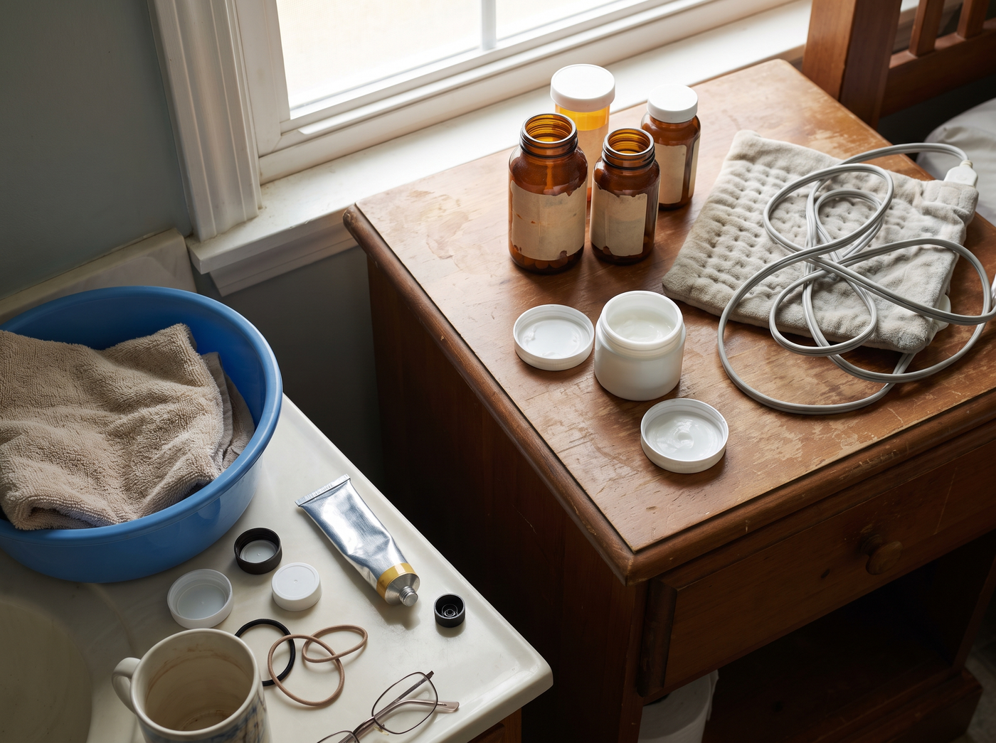 Nightstand of creams, pills and foot soak