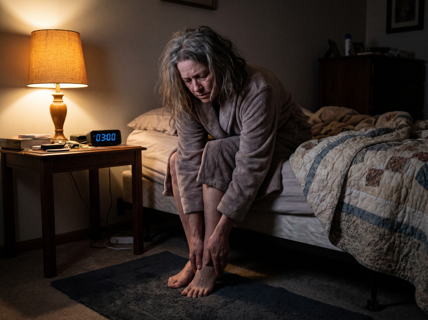 Woman awake at night rubbing her foot