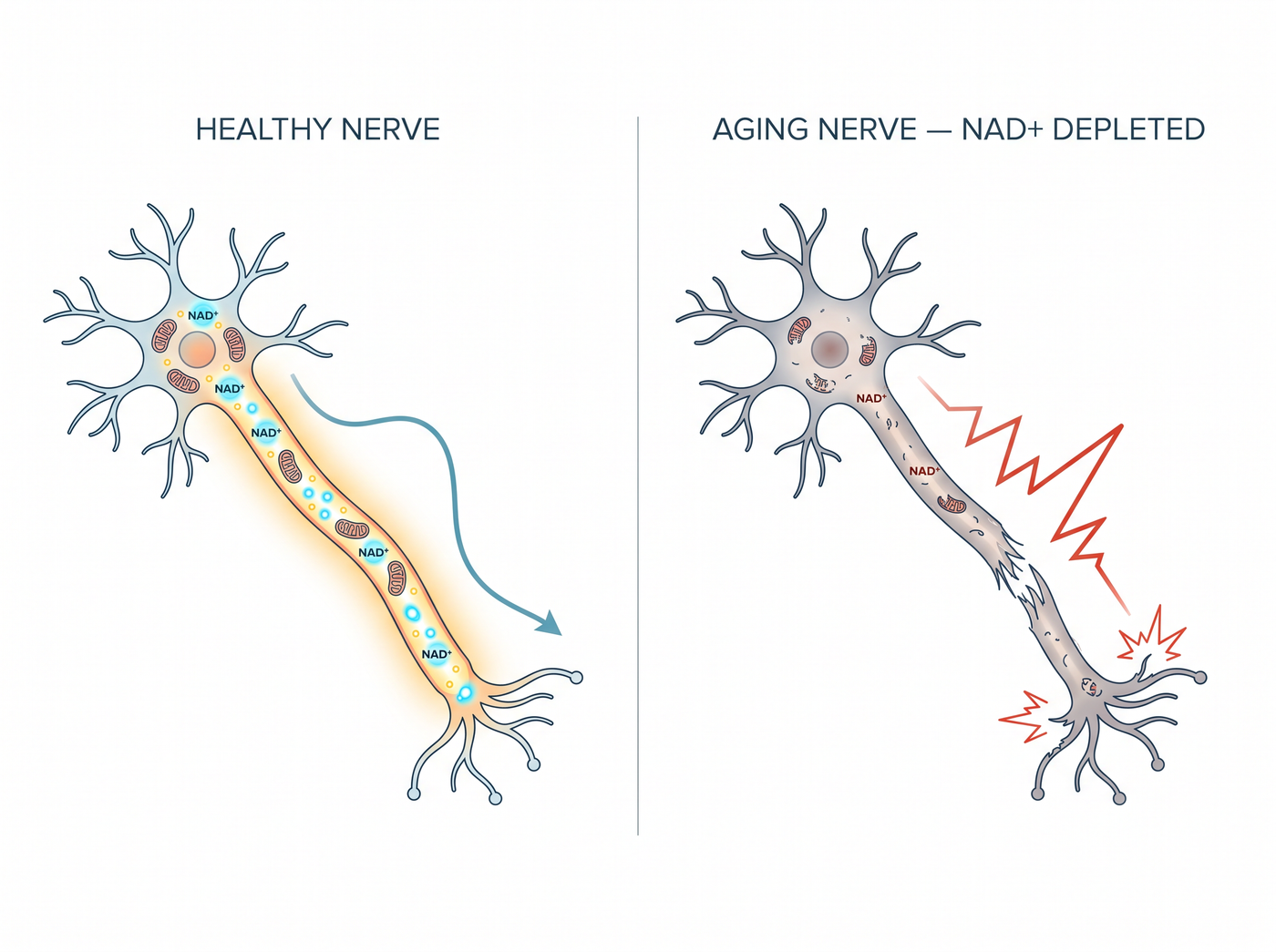 Healthy nerve vs aging NAD+ depleted nerve diagram
