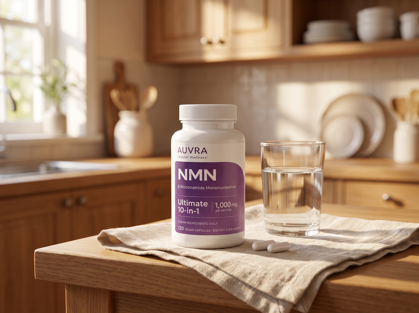 Auvra NMN bottle on kitchen counter