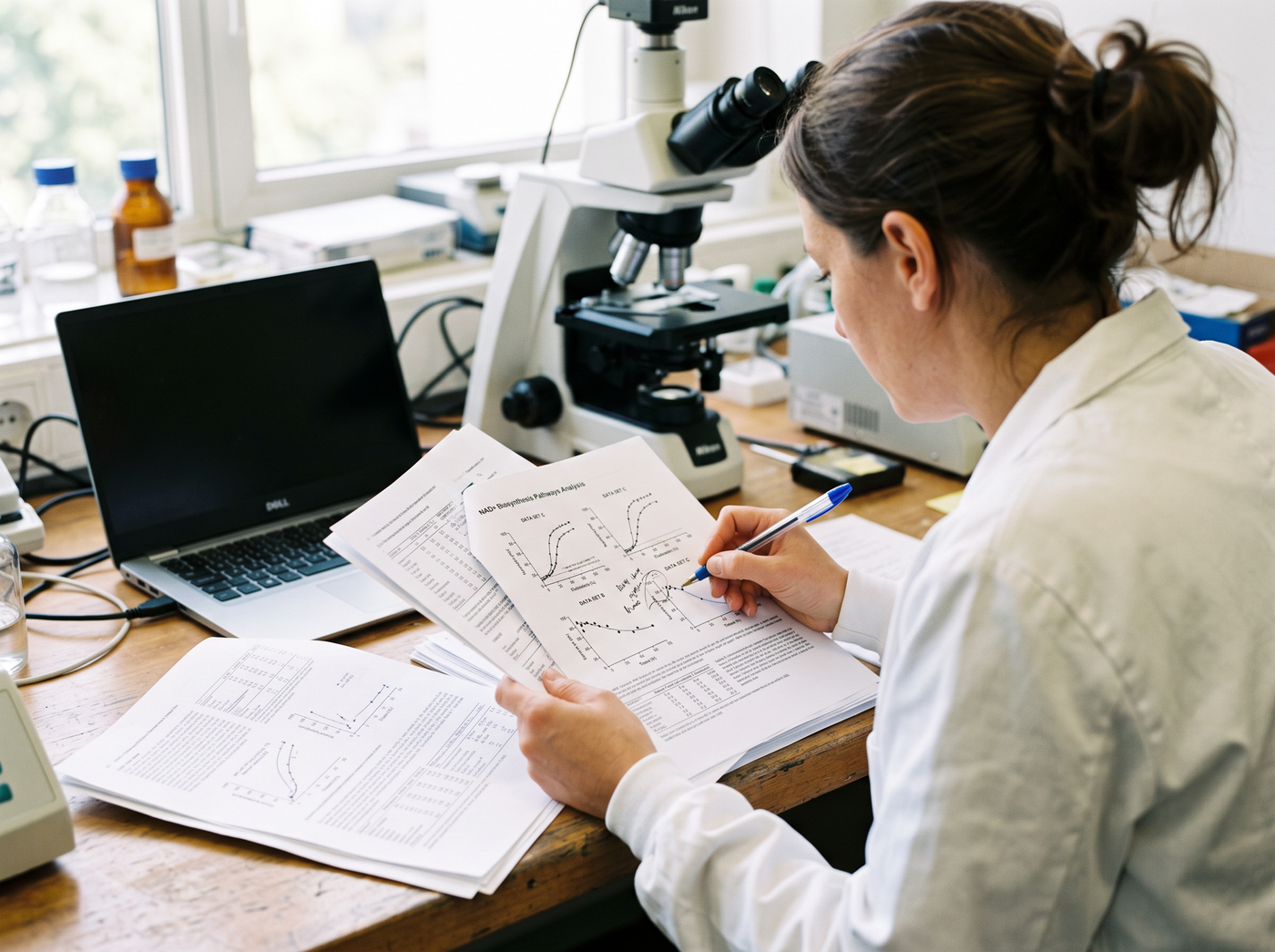 Researcher reviewing NAD+ study papers